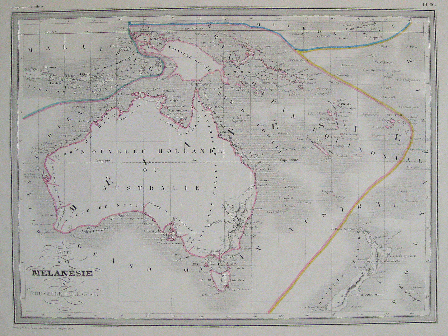 Antique-Hand-Colored-Map-Carte-de-la-Melanesie-ou-Nouvelle-Hollande.-Oceania-Australia-1842-Malte-Brun-Maps-Of-Antiquity