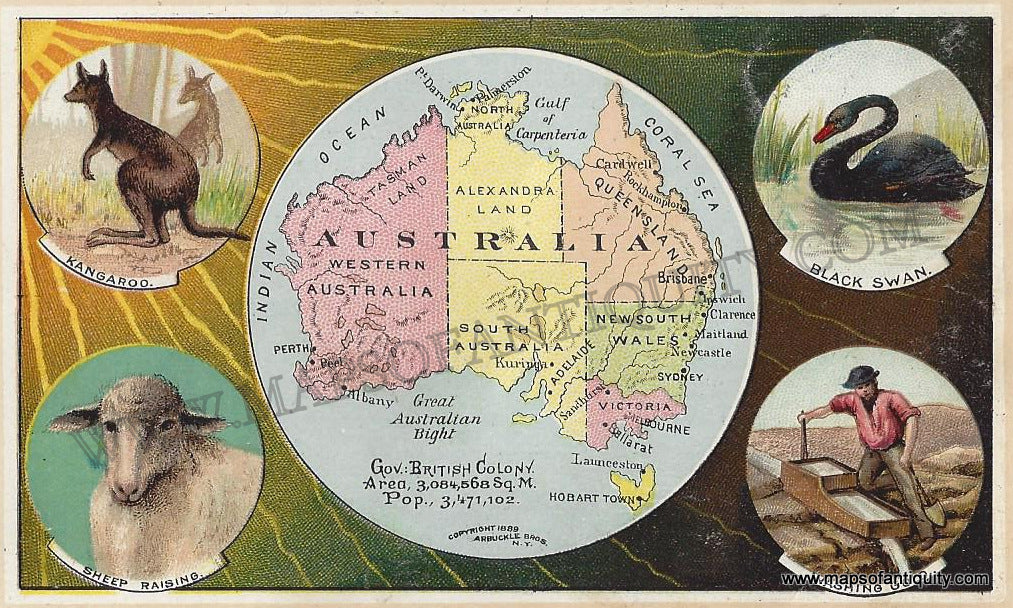Antique-Chromolithograph-Print-Prints-Arbuckle-Australia-1890-1800s-19th-Century-Maps-of-Antiquity