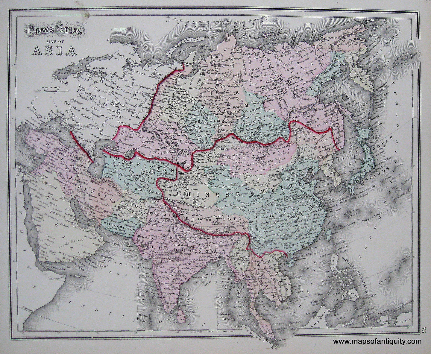 Antique-Hand-Colored-Map-Gray's-Atlas-Map-of-Oceanica-1873.-Verso:-Gray's-Atlas-Map-of-Asia-Oceania--1874-Gray-Maps-Of-Antiquity