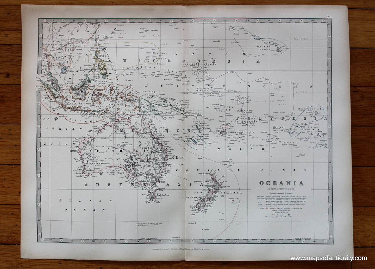 Antique-printed-color-Map-Oceania-**********-Australia-&-Pacific--1881-Johnston-Maps-Of-Antiquity