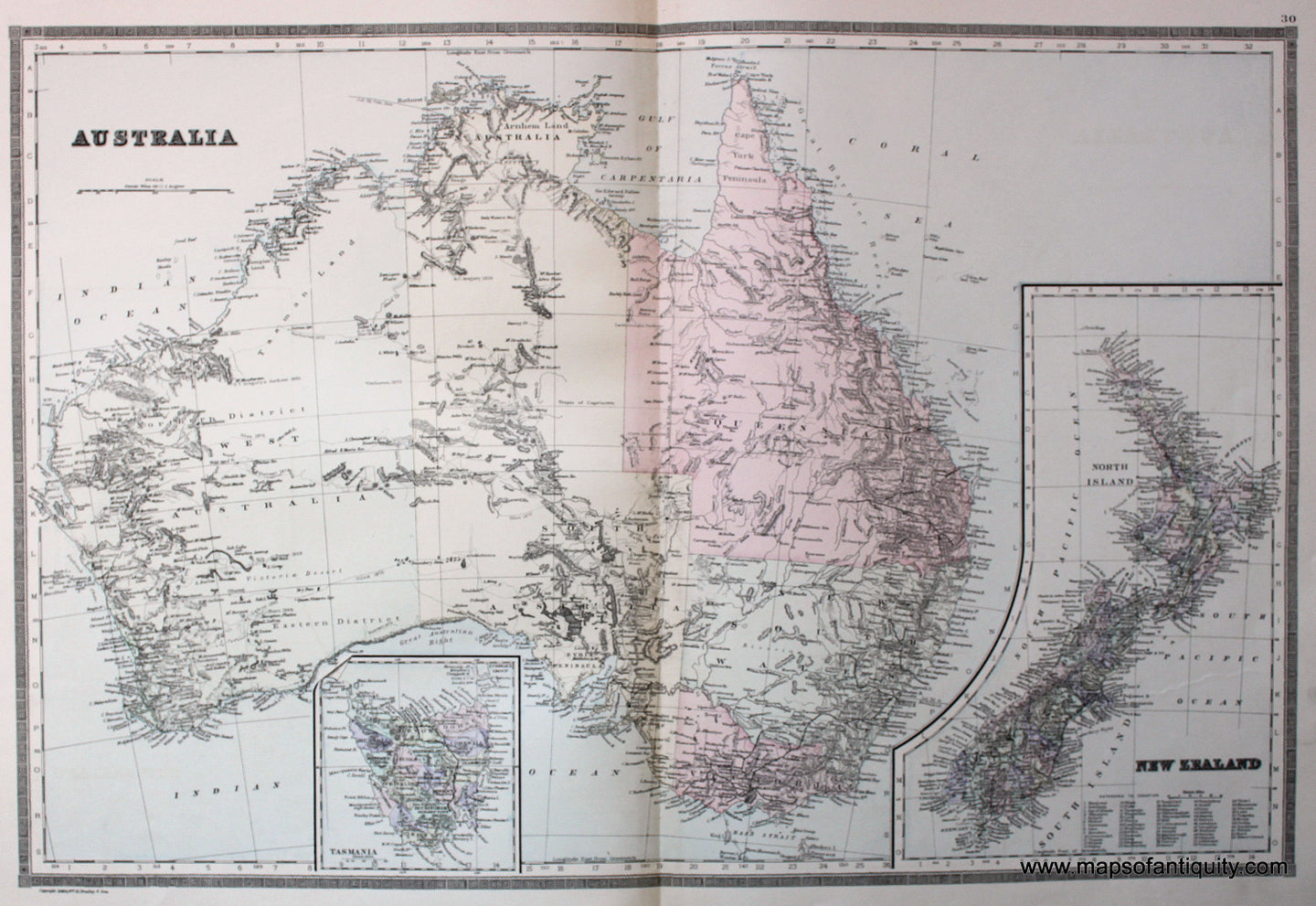 Antique-Hand-Colored-Map-Australia--Oceania-Australia-New-Zealand-1887-Bradley-Maps-Of-Antiquity