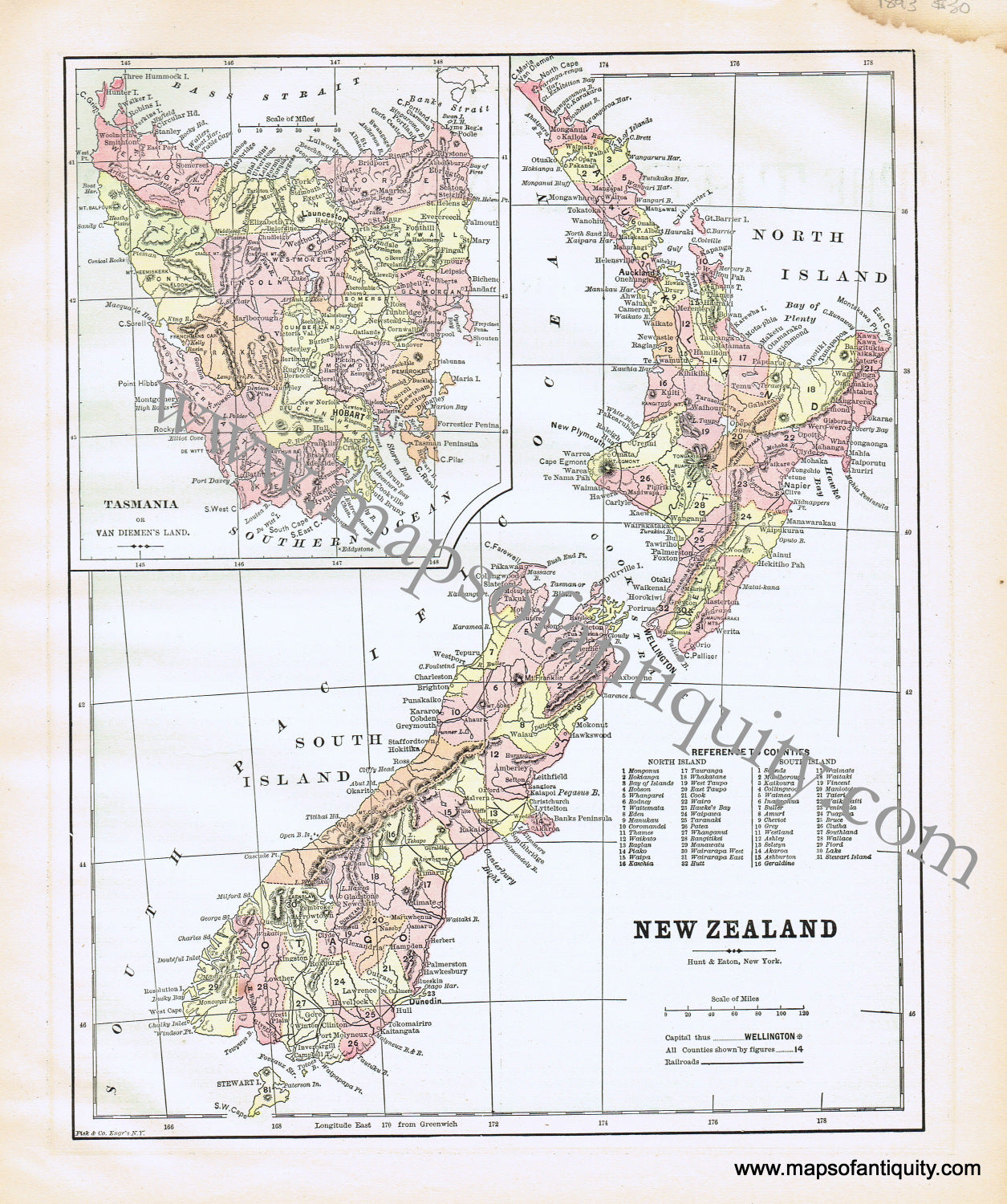 Antique-Printed-Color-Map-New-Zealand-**********-Oceania--1893-Hunt-&-Eaton-Maps-Of-Antiquity