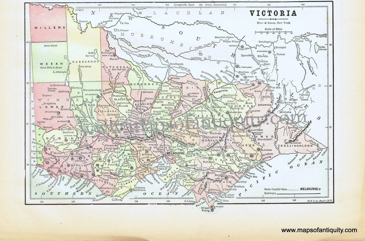 Antique-Printed-Color-Map-Victoria-Oceania-Australia-1893-Hunt-&-Eaton-Maps-Of-Antiquity