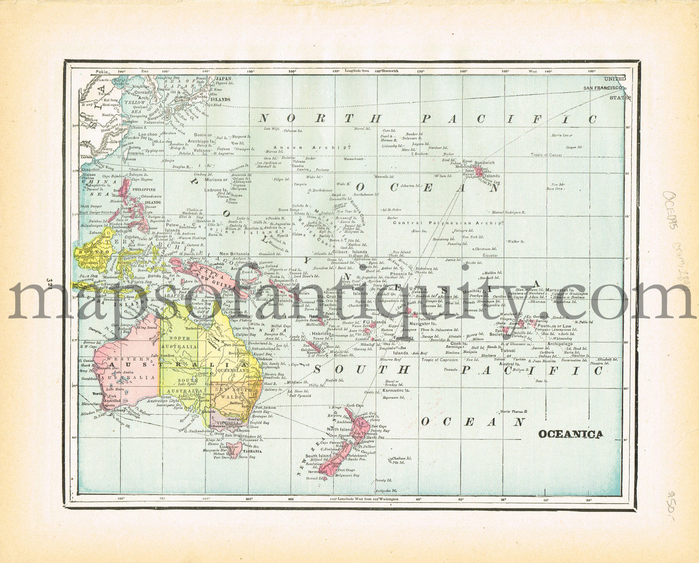 Antique-Printed-Color-Map-Oceanica-verso:-Australia-&-Tasmania-Australia-&-Pacific--1894-Cram-Maps-Of-Antiquity