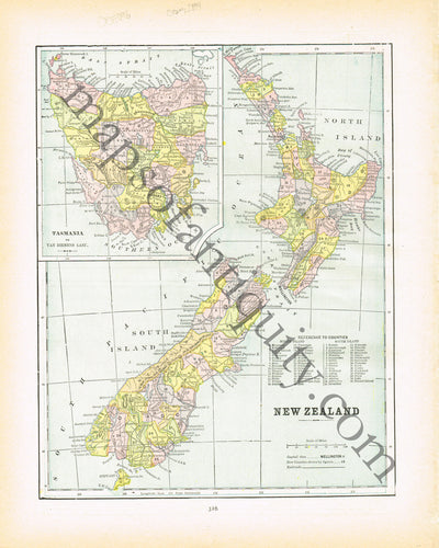 Antique-Printed-Color-Map-New-Zealand-verso:-Victoria-and-Queensland-Australia-&-Pacific--1894-Cram-Maps-Of-Antiquity