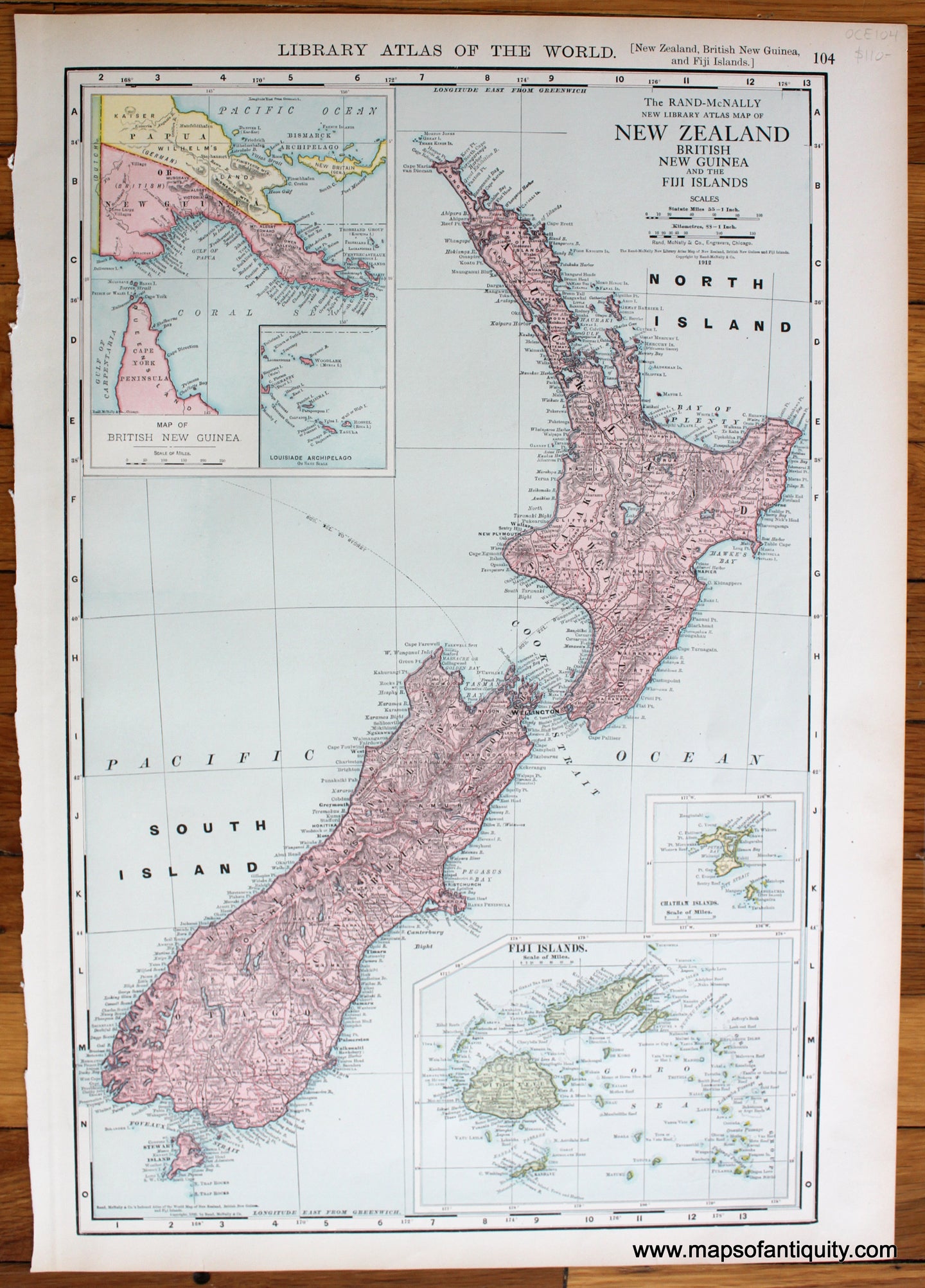 Maps-Antiquity-Antique-Map-Oceania-Oceanica-Pacific-Rand-McNally-Atlas-of-the-World-New-Zealand-Tasmania-Fiji-Islands-1892-1890s-1800s-Late-19th-Century