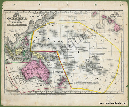 Antique-Hand-Colored-Map-No.-31-Map-of-Oceanica-&-No.-32-The-Sandwich-or-Hawaiian-Islands-Australia-&-Pacific-United-States-West-1852-Mitchell-Maps-Of-Antiquity