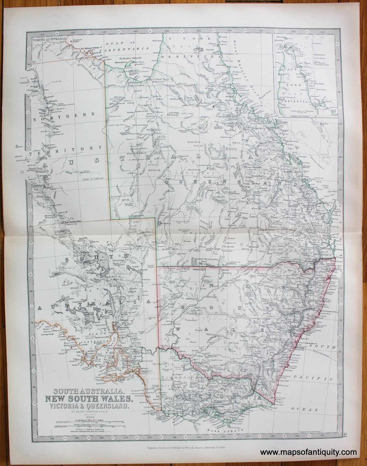 Antique-Printed-Color-Map-South-Australia-New-South-Wales-Victoria-&-Queensland-Australia-&-Pacific--1881-Johnston-Maps-Of-Antiquity