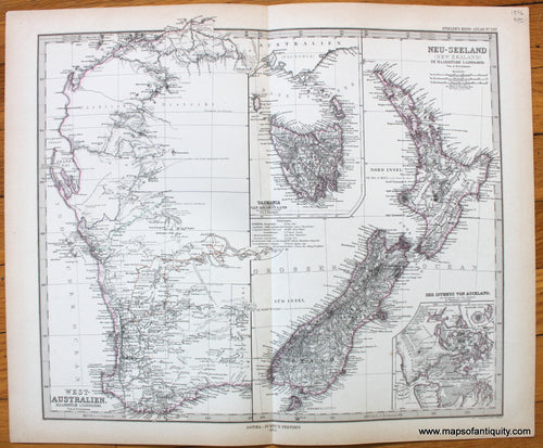 Antique-Map-West-Australien-Australia-Tasmania-Neu-Seeland-New-Zealand-Stieler-1876-1870s-1800s-19th-century-Maps-of-Antiquity