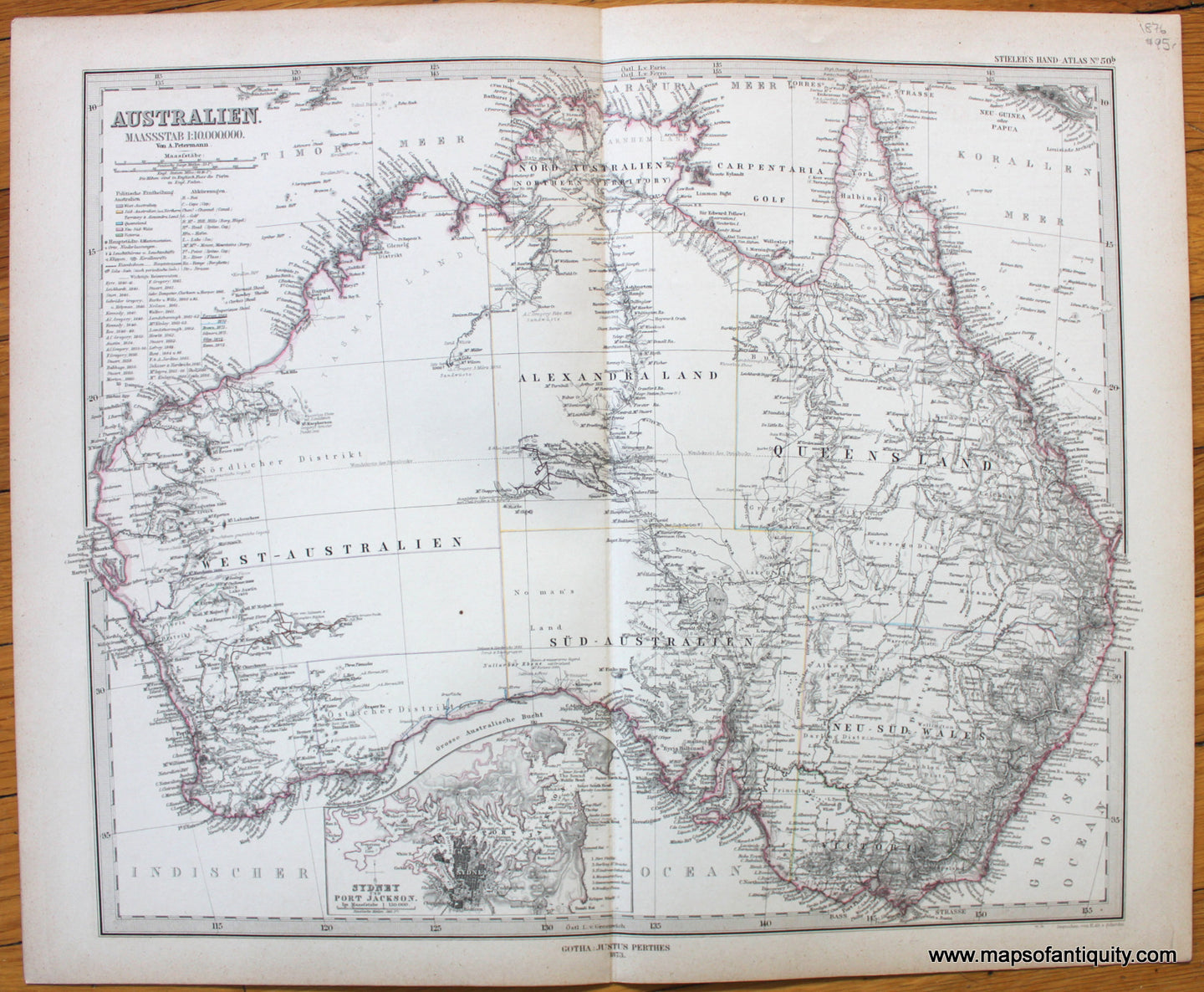 Antique-Map-Australien-Australia-Sydney-Port-Jackson-Stieler-1876-1870s-1800s-19th-century-Maps-of-Antiquity
