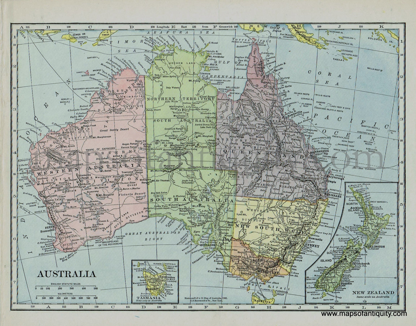 Antique-Printed-Color-Map-Australia-c.-1902-Hammond-1800s-19th-century-Maps-of-Antiquity