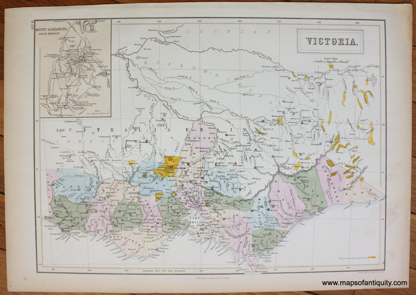 Antique-Hand-Colored-Map-Victoria-Australia-Gold-Districts-c.-1854-Black-1800s-19th-century-Maps-of-Antiquity