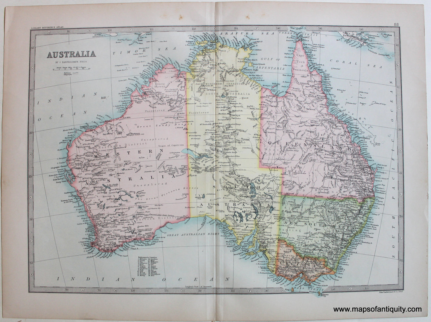 Antique-Printed-Color-Map-Australia-1890-Bartholomew-1800s-19th-century-Maps-of-Antiquity