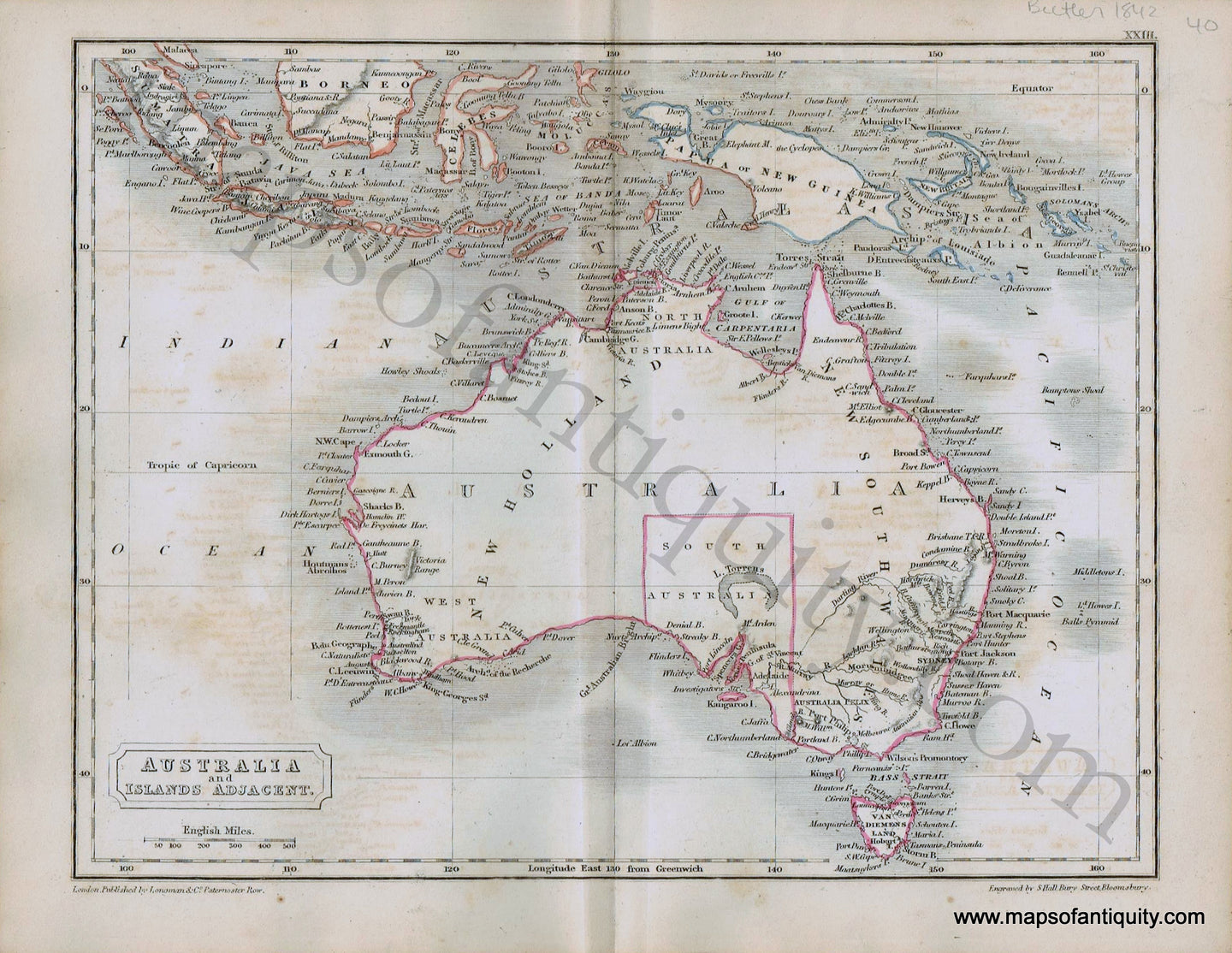 Antique-Hand-Colored-Map-Australia-and-Islands-Adjacent.-1842-Butler-1800s-19th-century-Maps-of-Antiquity