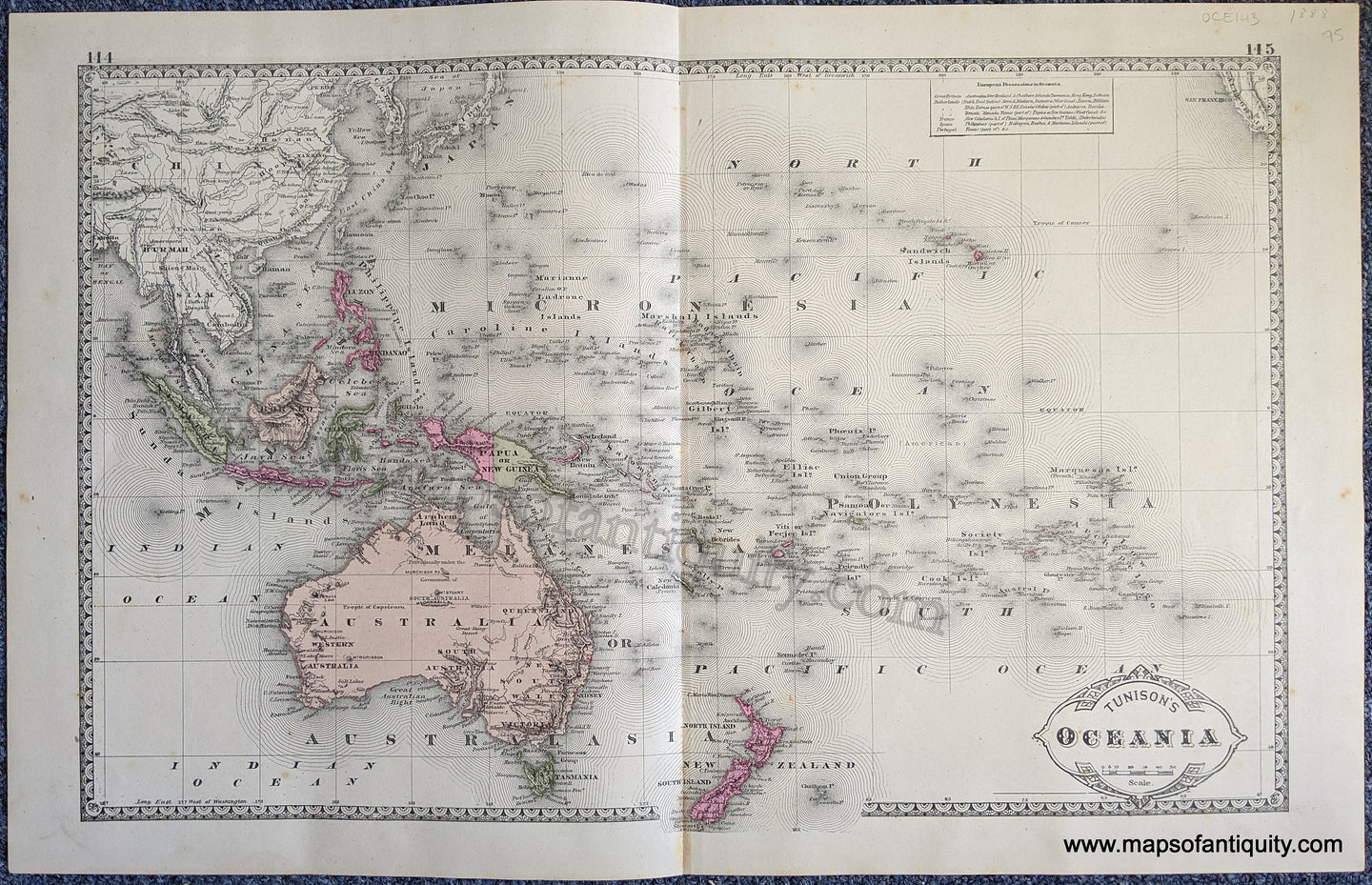 Antique-Print-Double-sided-sheet-with-multiple-maps:-Centerfold---Tunison's-Oceania-;-versos:-Tunison's-Algeria-Tunis-and-Marocco-/-Tunison's-Australia-Oceania--1888-Tunison-Maps-Of-Antiquity-1800s-19th-century