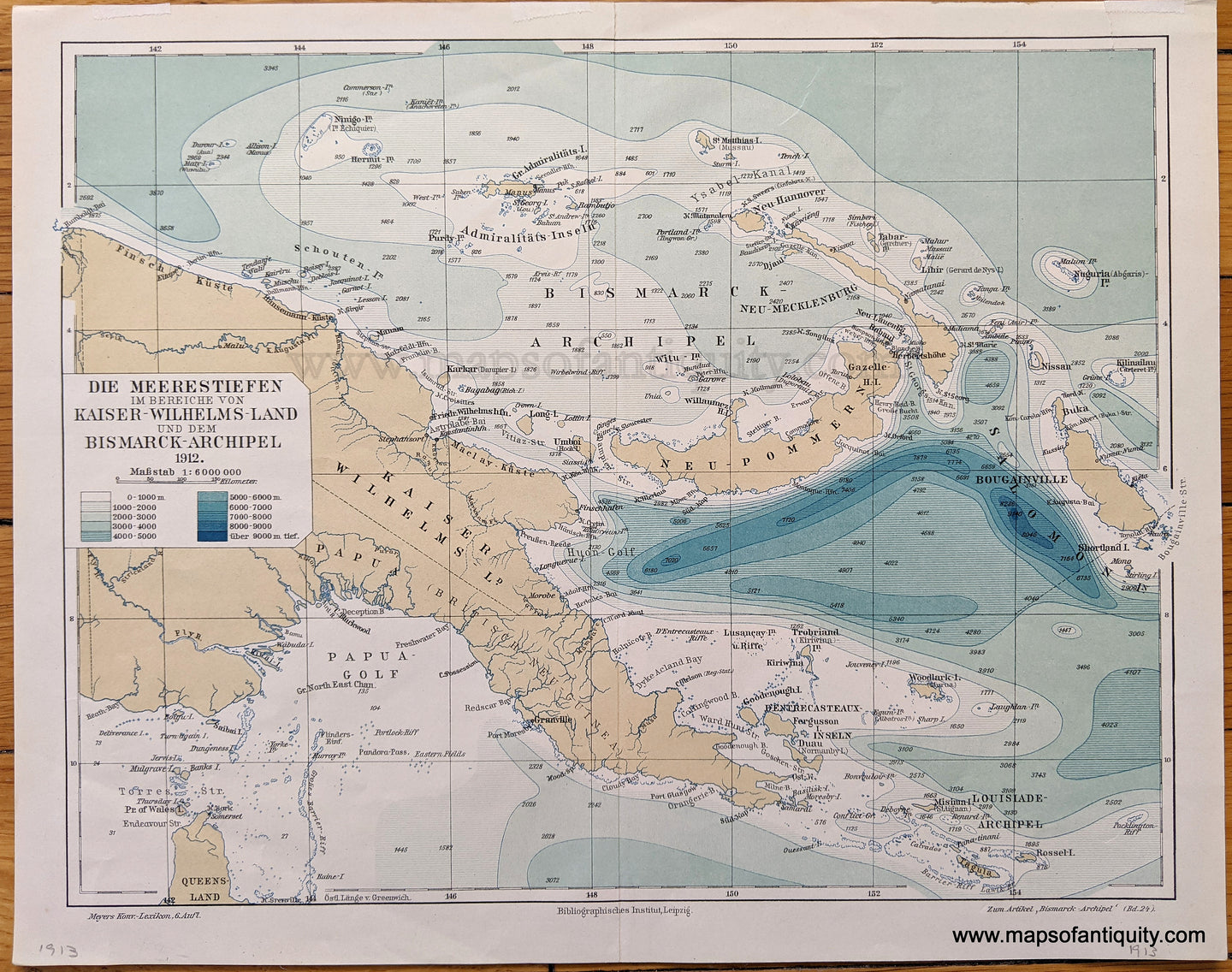 Genuine-Antique-Map-Die-Meerestiefen-im-Bereiche-von-Kaiser-Wilhelms-Land-und-dem-Bismarck-Archipel---present-day-Papua-New-Guinea-Oceania--1912-Meyers-Maps-Of-Antiquity-1800s-19th-century