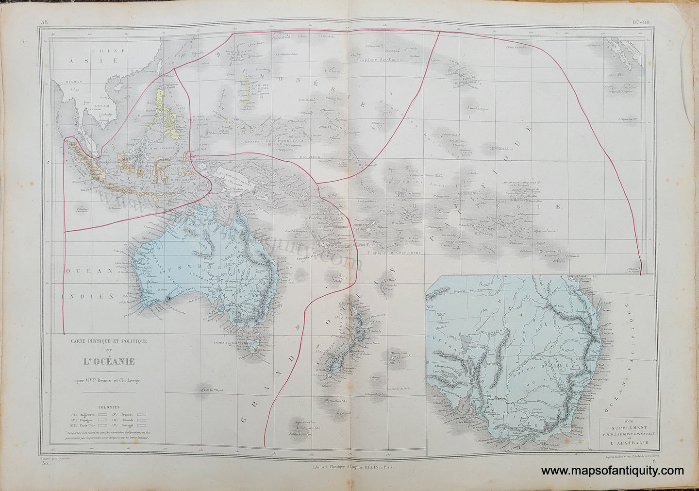 Genuine-Antique-Map-Carte-Physique-et-Politique-de-l'Oceanie---Physical-and-Political-Map-of-Oceania-1875-Drioux-&-Leroy-OCE152-Maps-Of-Antiquity