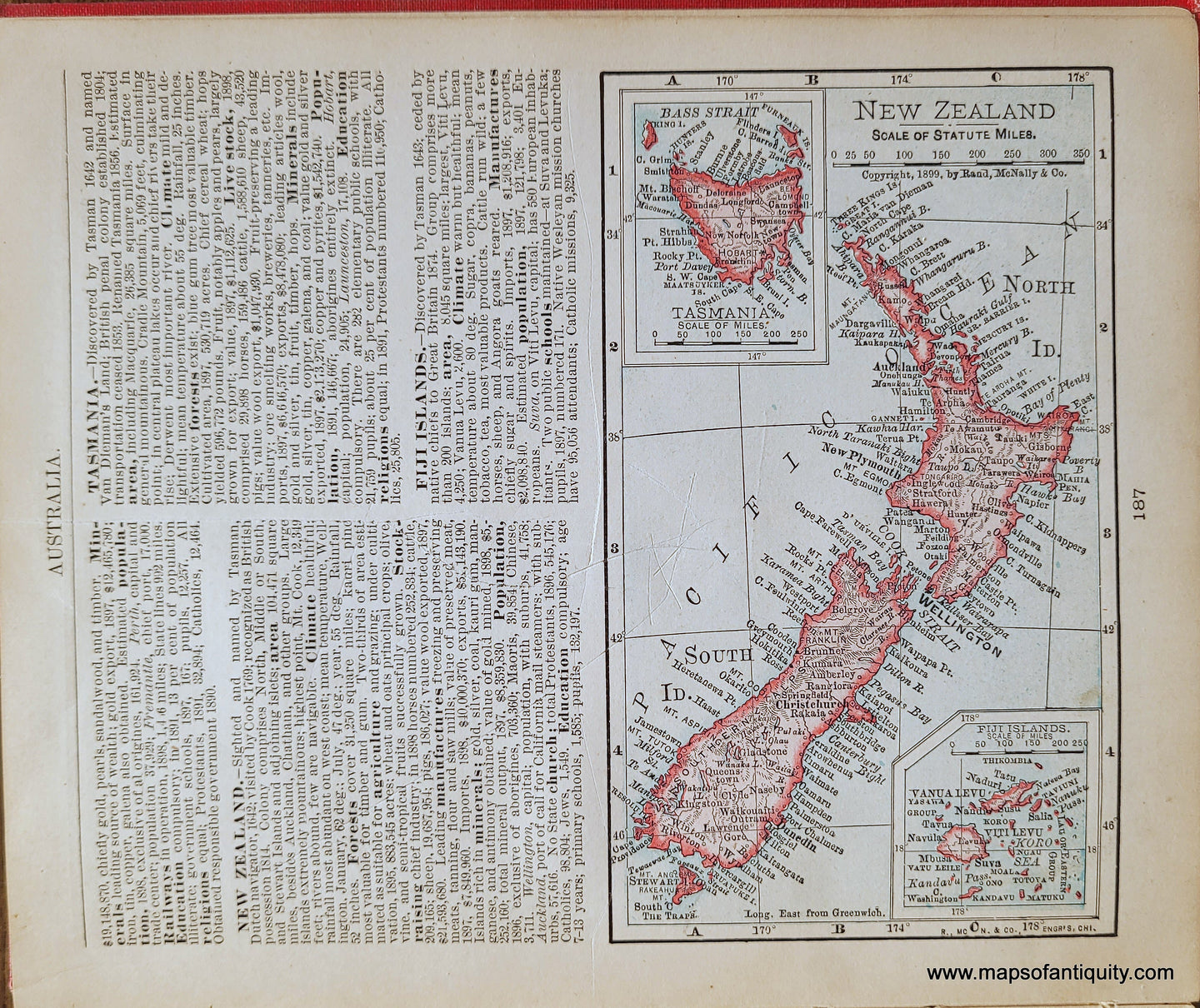 Genuine-Antique-Map-New-Zealand-1900-Rand-McNally-Maps-Of-Antiquity