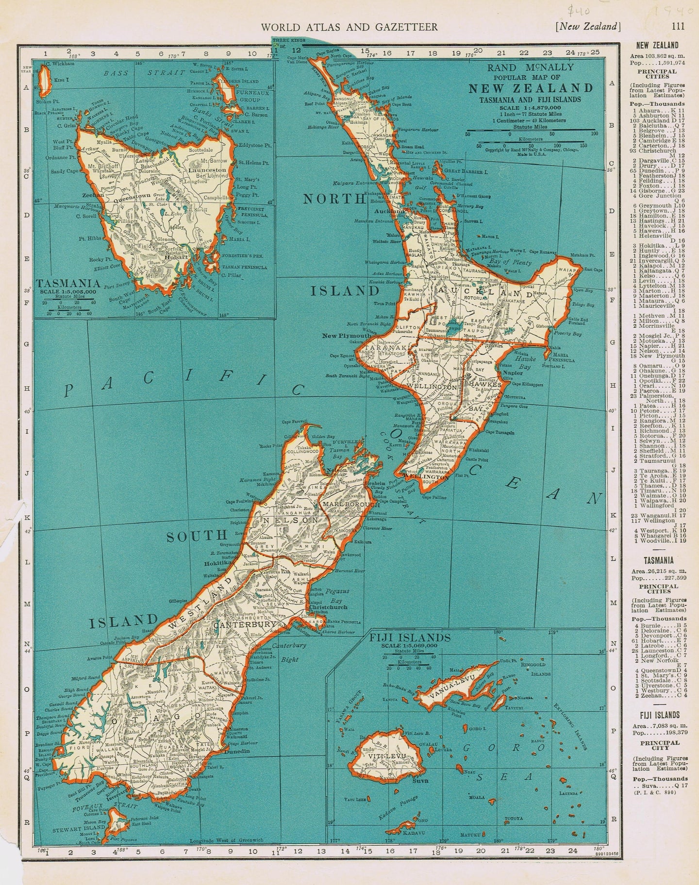 Genuine-Antique-Map-Popular-Map-of-New-Zealand-Tasmania-and-Fiji-Islands--1940-Rand-McNally-Maps-Of-Antiquity