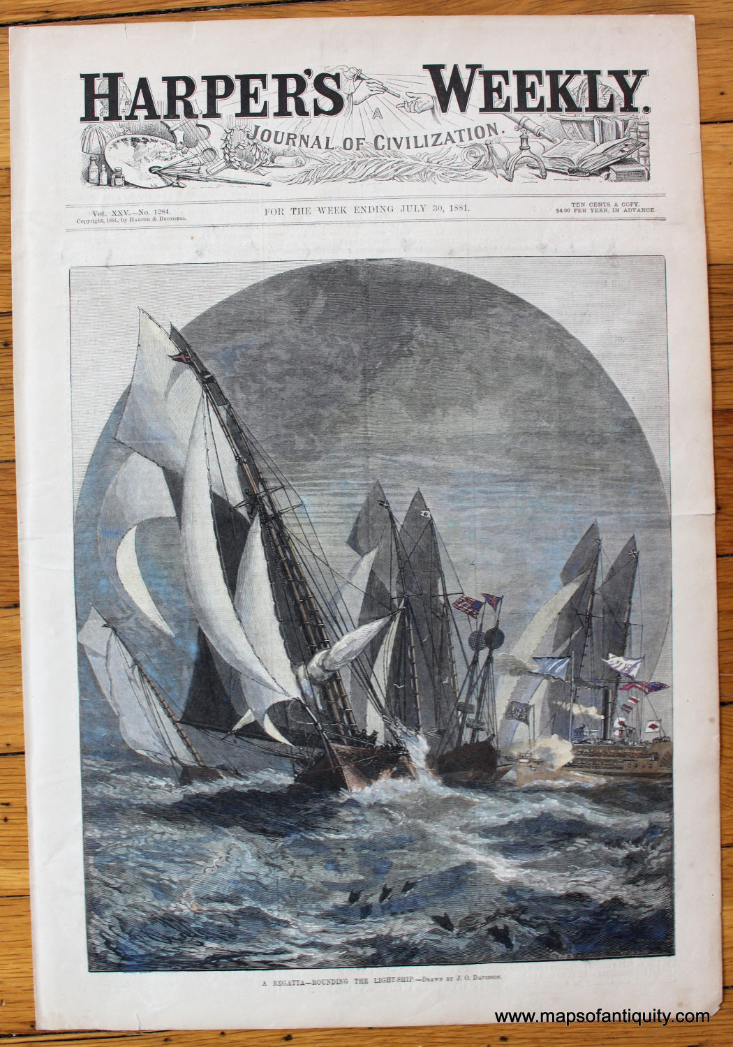 Hand-Colored-Antique-Print-A-Regatta---Rounding-the-Light-Ship-**********-Antique-Prints-Maritime-Prints-1881-Harper's-Weekly-Maps-Of-Antiquity