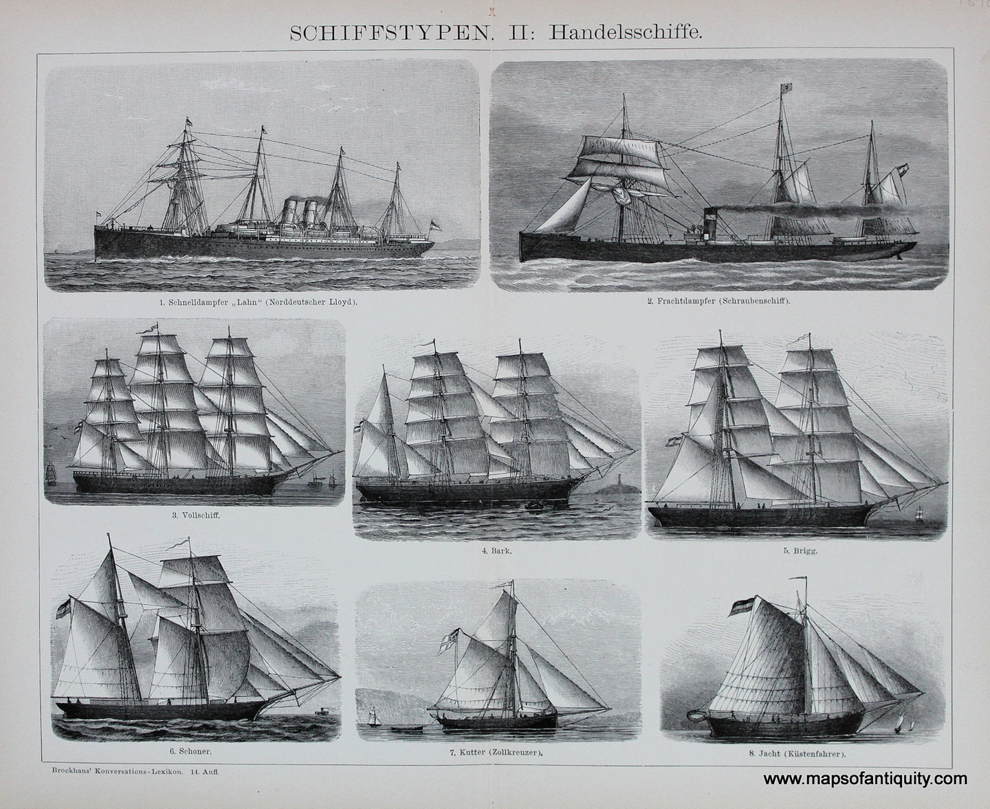 Black-and-White-Antique-Illustrations-Schiffstypen.II:-Handelsschiffe.**********-Historical-Print-Maritime-1898-Brockhaus-Maps-Of-Antiquity