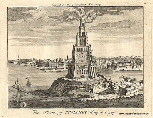 Antique-Black-and-White-Engraved-Illustration-and-City-View-The-Pharos-of-Ptolomey-King-of-Egypt**********-Historical-Prints--1759-Rollos-Maps-Of-Antiquity