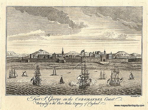 Antique-Black-and-White-Engraved-Illustration-and-City-View-Fort-St.-George-on-the-Coromandel-Coast-Belonging-to-the-East-India-Company-of-England.-Historical-Prints--1759-Rollos-Maps-Of-Antiquity