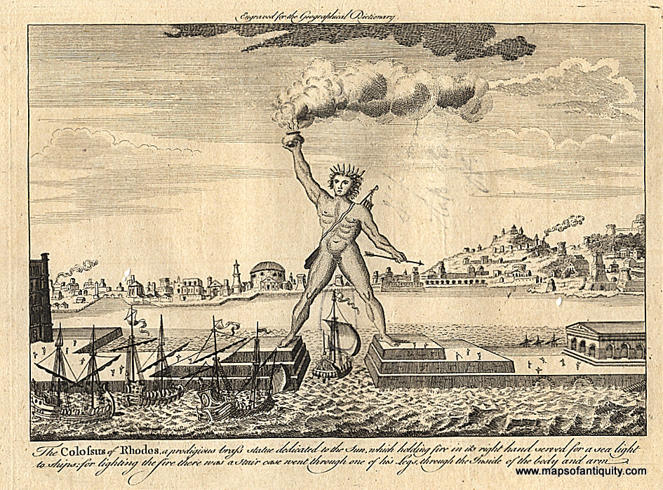 Antique-Black-and-White-Engraved-Illustration-The-Colossus-of-Rhodes.-**********-A-prodigious-brass-statue-dedicated-to-the-Sun-which-holding-fire-in-its-right-hand-served-for-a-sea-light-to-ships-for-lighting-the-fire-there-was-a-stair-case-went-through-one-of-his-Legs-through-the-Inside-of-the-body-and-arm.-Historical-Prints--1759-Rollos-Maps-Of-Antiquity
