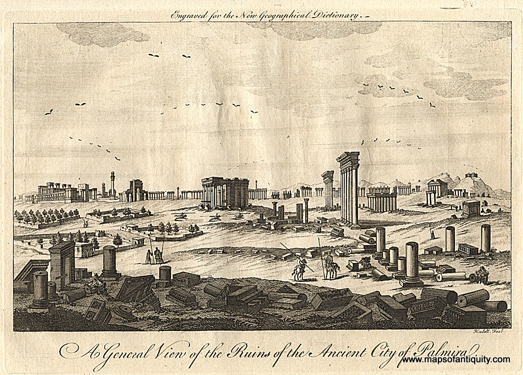 Antique-Black-and-White-Engraved-Illustration-A-General-View-of-the-Ruins-of-the-Ancient-City-of-Palmira.-Historical-Prints-Syria-1759-Rollos-Maps-Of-Antiquity