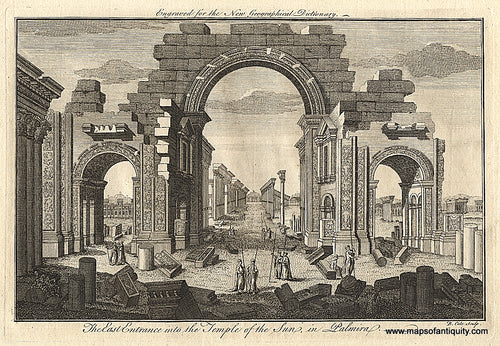 Antique-Black-and-White-Engraved-Illustration-The-East-Entrance-into-the-Temple-of-the-Sun-in-Palmira.-Historical-Prints-Syria-1759-Rollos-Maps-Of-Antiquity