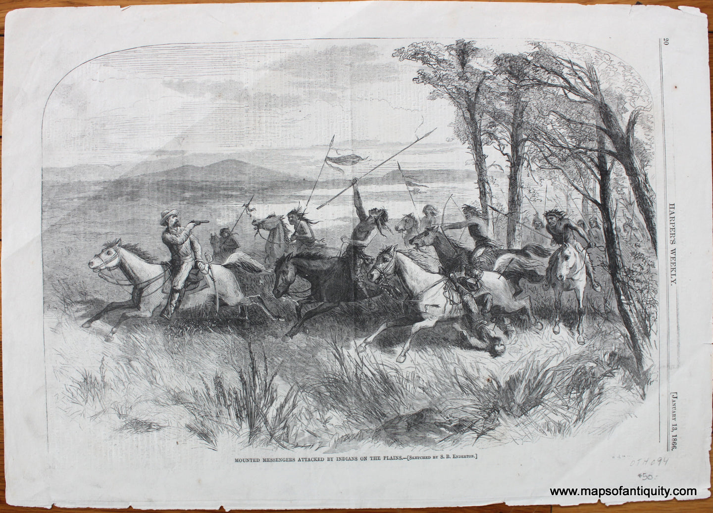 Antique-Black-and-White-Illustration-Mounted-Messengers-Attacked-by-Indians-on-the-Plains.-Historical-Prints--1866-Harper's-Weekly-Maps-Of-Antiquity
