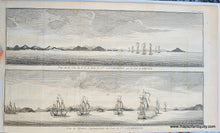 Load image into Gallery viewer, Antique-Black-and-White-Engraved-Illustration-Vue-de-la-Cote-du-N.E.-de-L&#39;Isle-de-Ste.-Catherine-sur-la-Cote-du-Bresil.-Vue-de-l&#39;Entree-Septentrionale-du-Port-de-Ste.-Catherine.-Historical-Prints-Maritime-Prints-1740-George-Anson-Maps-Of-Antiquity
