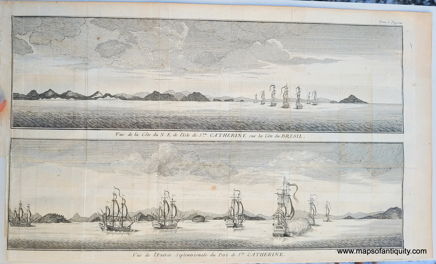 Antique-Black-and-White-Engraved-Illustration-Vue-de-la-Cote-du-N.E.-de-L'Isle-de-Ste.-Catherine-sur-la-Cote-du-Bresil.-Vue-de-l'Entree-Septentrionale-du-Port-de-Ste.-Catherine.-Historical-Prints-Maritime-Prints-1740-George-Anson-Maps-Of-Antiquity