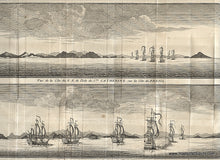 Load image into Gallery viewer, Antique-Black-and-White-Engraved-Illustration-Vue-de-la-Cote-du-N.E.-de-L&#39;Isle-de-Ste.-Catherine-sur-la-Cote-du-Bresil.-Vue-de-l&#39;EntrÃƒÆ’Ã‚Â©e-Septentrionale-du-Port-de-Ste.-Catherine.-Historical-Prints-Maritime-Prints-1740-George-Anson-Maps-Of-Antiquity
