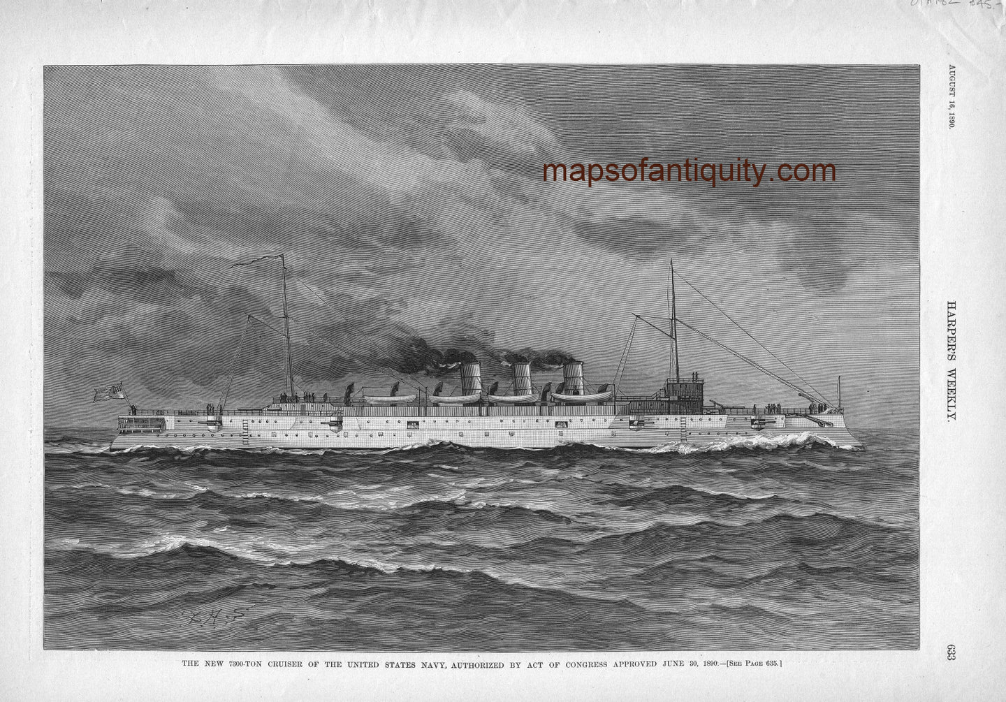 Antique-Black-&-White-Illustration-The-New-7300-Ton-Cruiser-of-the-United-States-Navy---1890-Harper's-Weekly-Maps-Of-Antiquity