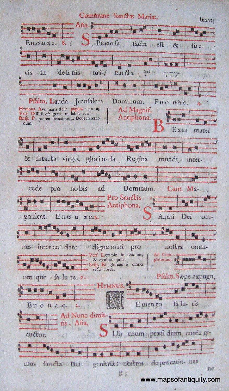 Printed-Black-and-Red-Antique-Sheet-Music-Antique-Sheet-Music-Commune-Sanctae-Maria-pg.-lxxvij-lxxviij-**********-Antique-Prints-Antique-Sheet-Music-c.-17th-century-Unknown-Maps-Of-Antiquity