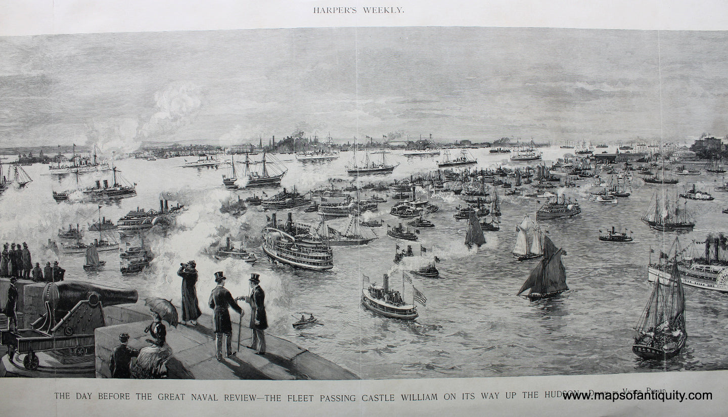 Antique-Black-and-White-Print-The-Day-Before-the-Great-Naval-Review----The-Fleet-Passing-Castle-William-on-its-Way-up-the-Hudson-Antique-Prints-Maritime-Prints-1893-Harper's-Weekly-Maps-Of-Antiquity