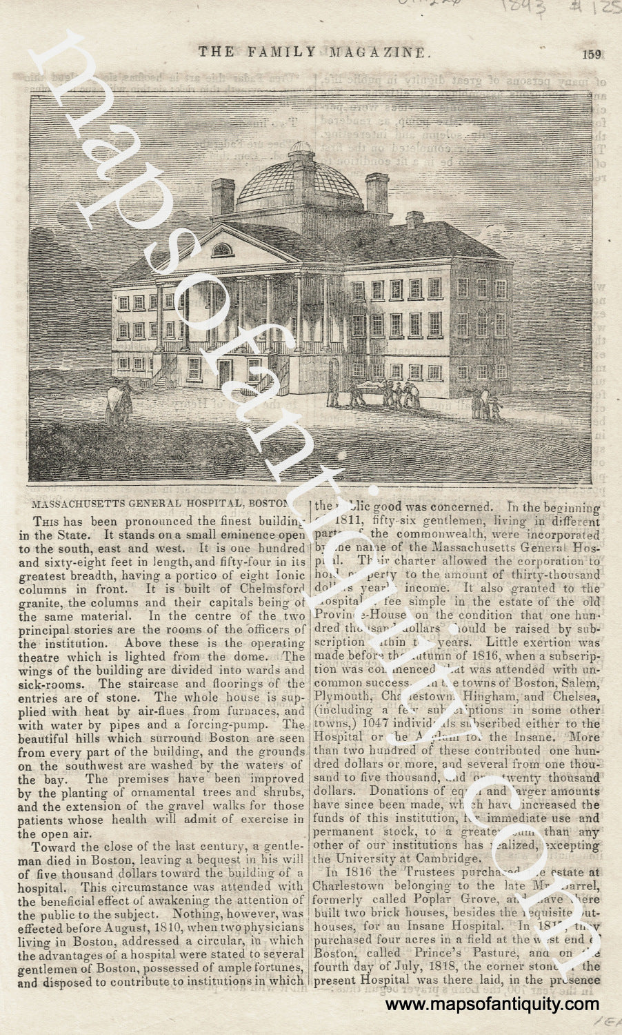 Antique-Uncolored-Print-Massachusetts-General-Hospital-Boston-Massachusetts-Boston-1839/1843-The-Family-Magazine-Maps-Of-Antiquity