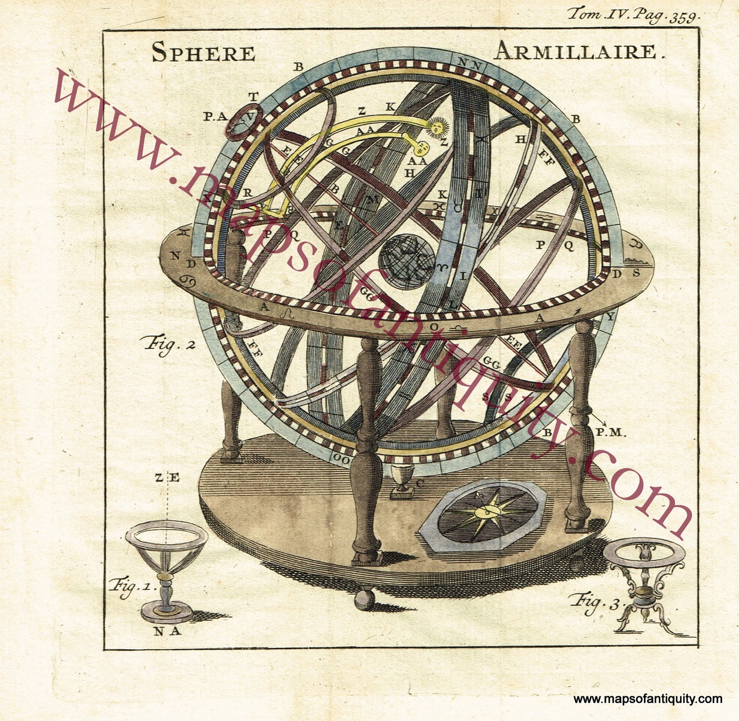 Antique-Hand-Colored-Print-Sphere-Armillaire-******-Celestial--1730-Pluche-Maps-Of-Antiquity