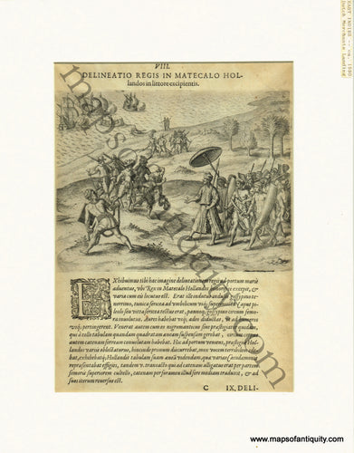 Antique-Black-and-White-Engraved-Illustration-Delineatio-Regis-In-Matecalo-Hollandos-in-littore-excipientis-**********-Antique-Prints-Historical-Prints-c.-1590-1600-Theodor-De-Bry-Maps-Of-Antiquity