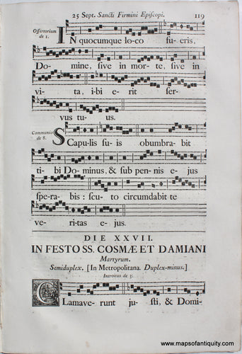 Antique-Sheet-Music-Woodblock-Printed-mid-18th-century-Feast-of-Saints-Cosmas-and-Damian