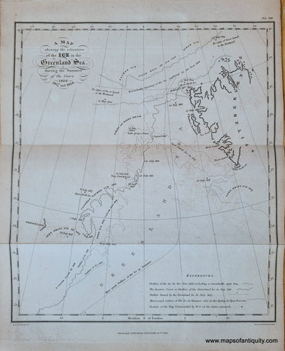 Genuine-Antique-Map-A-Map-shewing-the-situation-of-the-Ice-in-the-Greenland-Sea-during-the-Summer-of-the-Years-1806-1817-and-1818-Polar-Scandinavia-1820-Scoresby-Constable-Maps-Of-Antiquity-1800s-19th-century