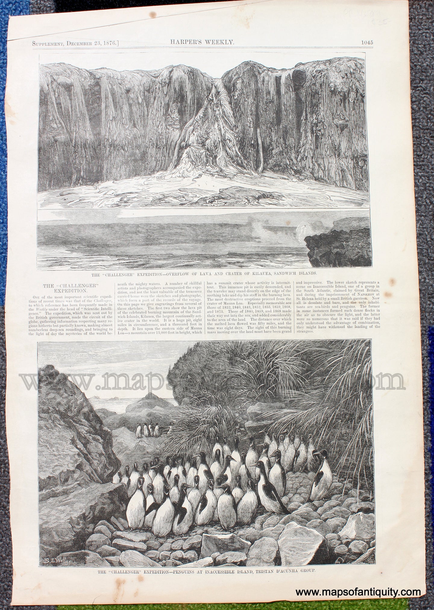 Antique-Black-and-White-Print-The-Challenger-Expedition---Overflow-of-Lava-and-Crater-of-Kilauea-Sandwich-Islands;-Penguins-at-Inaccessible-Island-Tristan-D'Acunha-Group-Antique-Prints--1876-Harper's-Weekly-Maps-Of-Antiquity-1800s-19th-century
