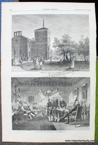 Antique-Black-and-White-Print-Independence-Hall-[From-an-Old-Print]-and-The-Signing-of-the-Declaration-of-Independence-1776-Antique-Prints--1876-Harper's-Weekly-Maps-Of-Antiquity-1800s-19th-century