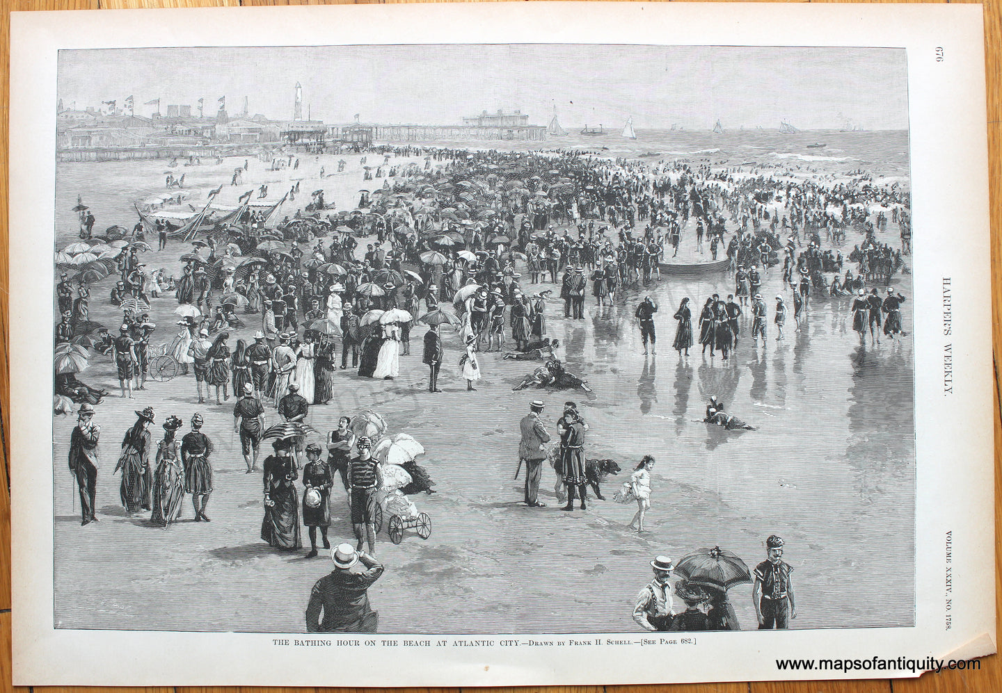 1890 - The Bathing Hour on the Beach at Atlantic City - Antique Print