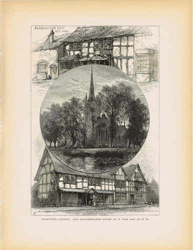 Genuine-Antique-Print-Stratford-Church--And-Shakespeare-s-House-as-it-Was-and-as-it-Is--1875-Picturesque-Europe-Maps-Of-Antiquity