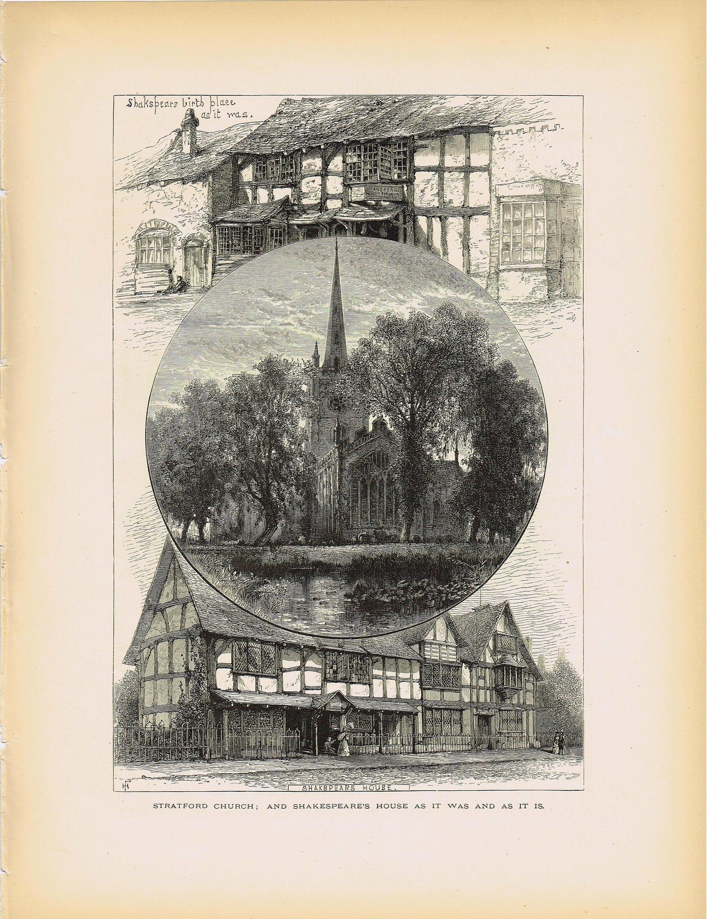 Genuine-Antique-Print-Stratford-Church--And-Shakespeare-s-House-as-it-Was-and-as-it-Is--1875-Picturesque-Europe-Maps-Of-Antiquity