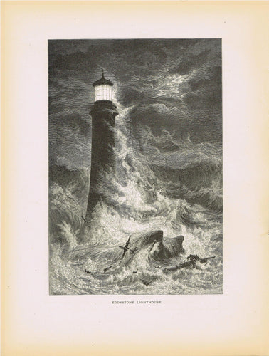 Genuine-Antique-Print-Eddystone-Lighthouse-England--1875-Picturesque-Europe-Maps-Of-Antiquity