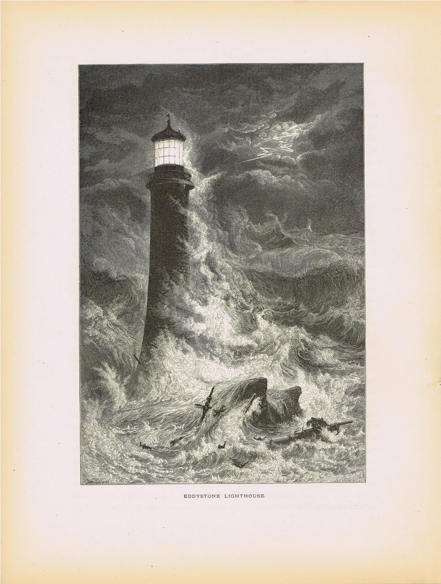 Genuine-Antique-Print-Eddystone-Lighthouse-England--1875-Picturesque-Europe-Maps-Of-Antiquity