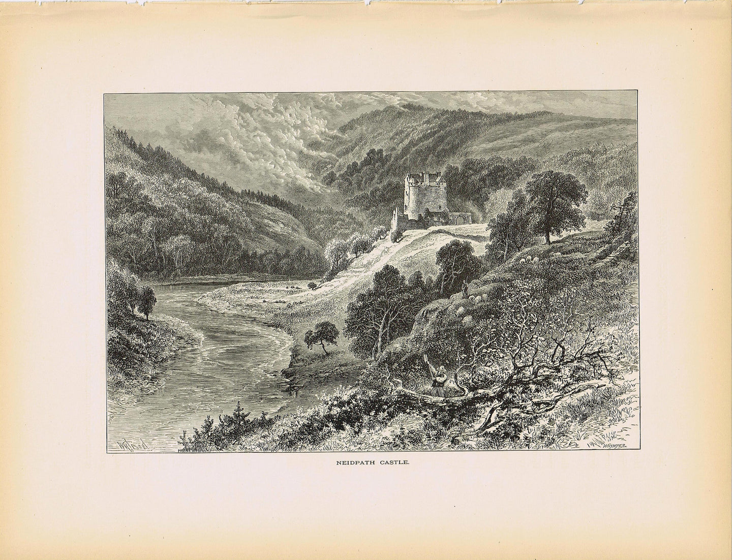 Genuine-Antique-Print-Neidpath-Castle-Scotland--1875-Picturesque-Europe-Maps-Of-Antiquity
